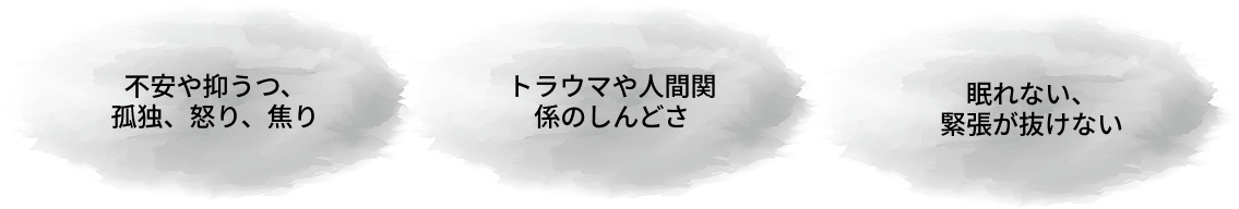 不安や抑うつ、孤独、怒り、焦り　トラウマや人間関係のしんどさ　眠れない、緊張が抜けない