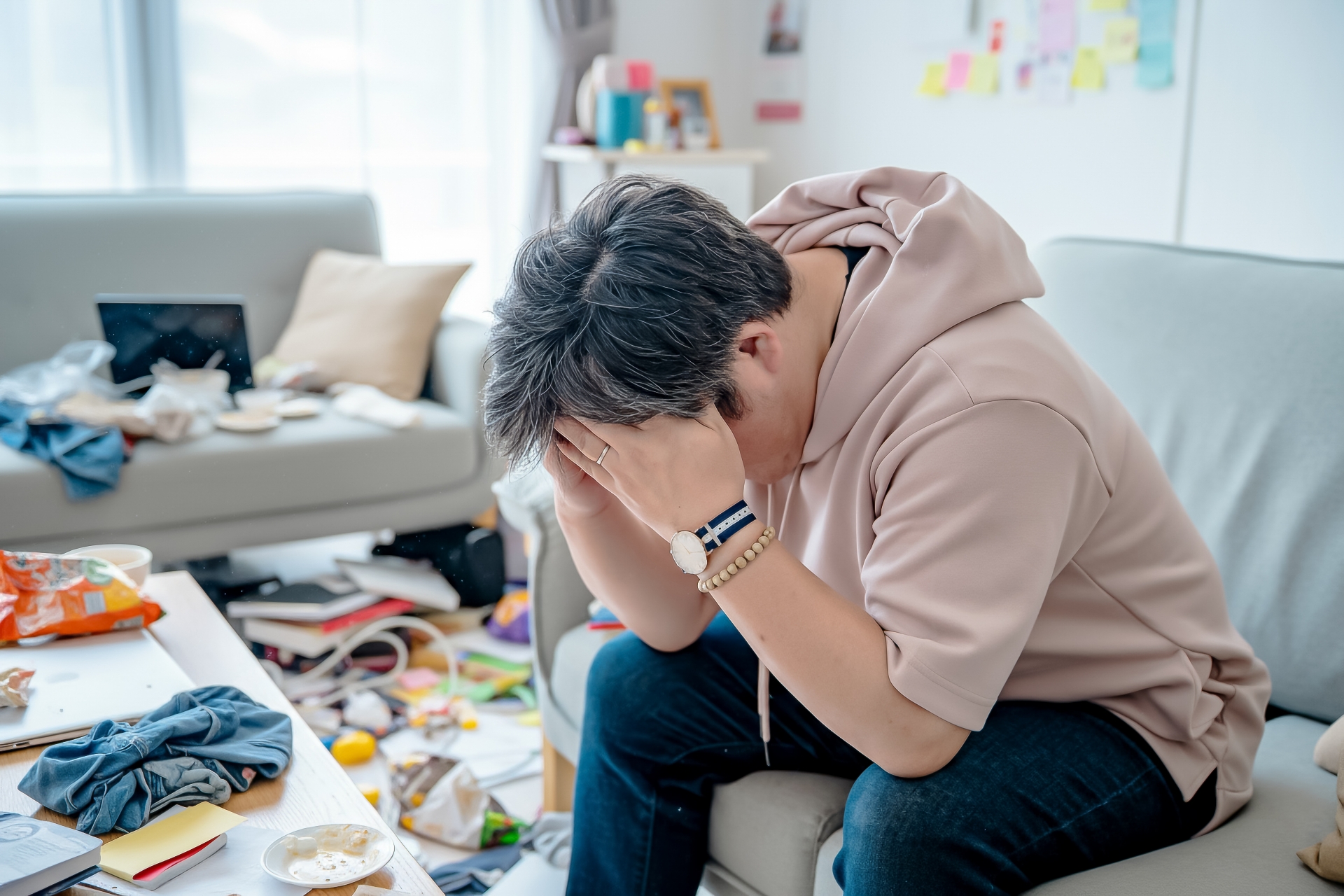 散らかった部屋で頭を抱える人