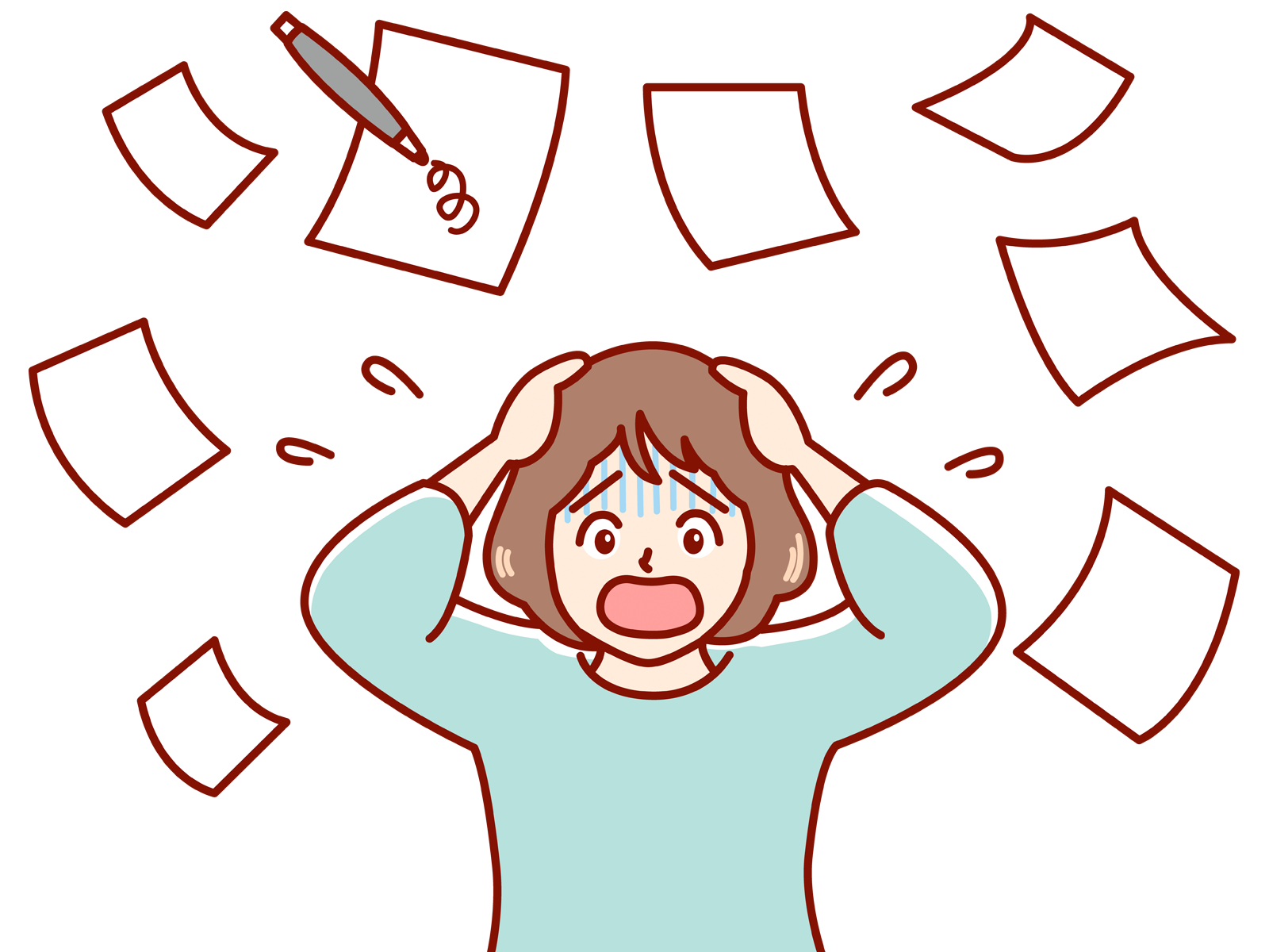 飛び交う用紙に囲まれ頭を抱える人